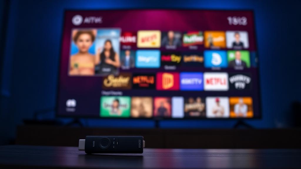 Fire TV Stick remote with streaming app grid